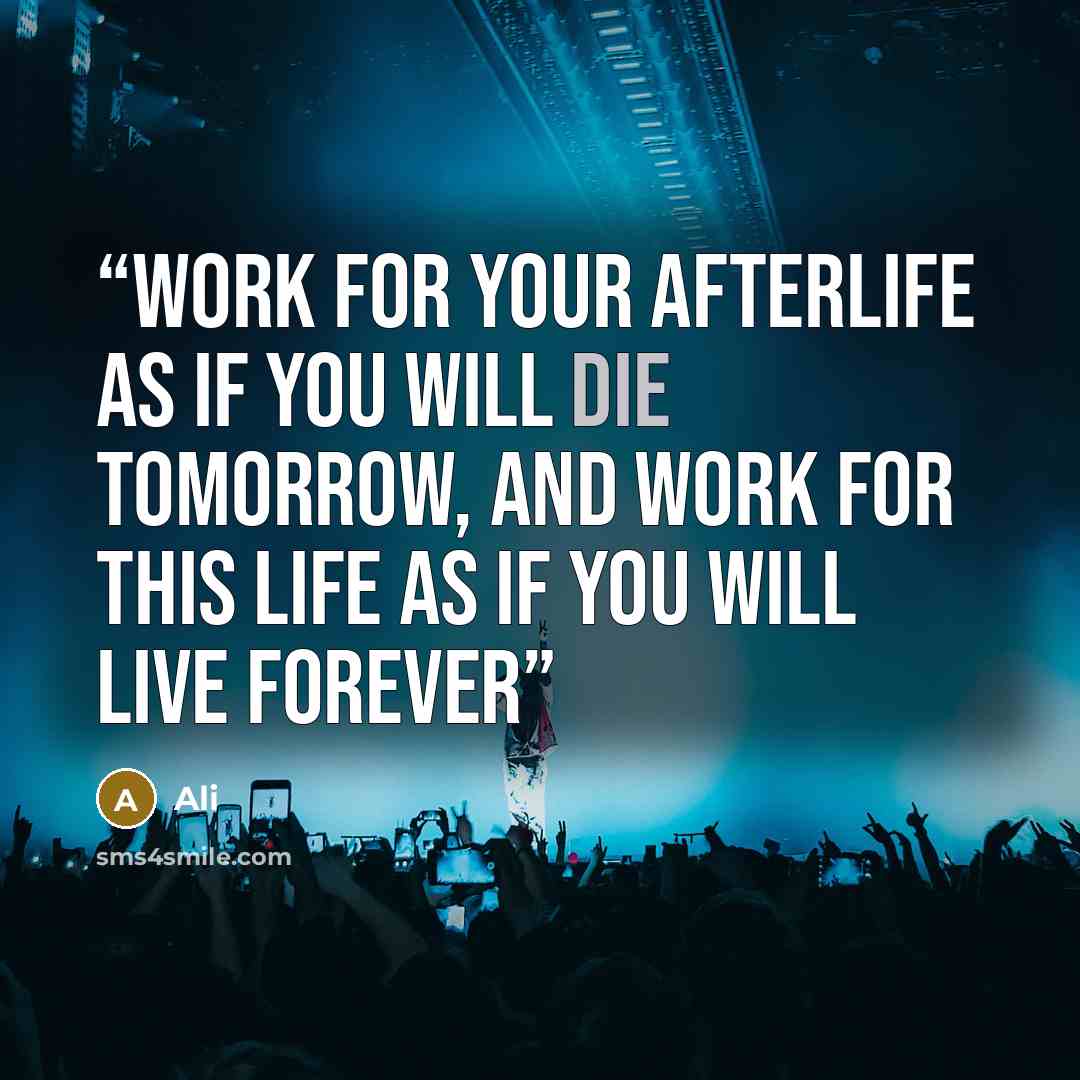 “Work for your afterlife as if you will die tomorrow, and work for this life as if you will live forever” quote by ali