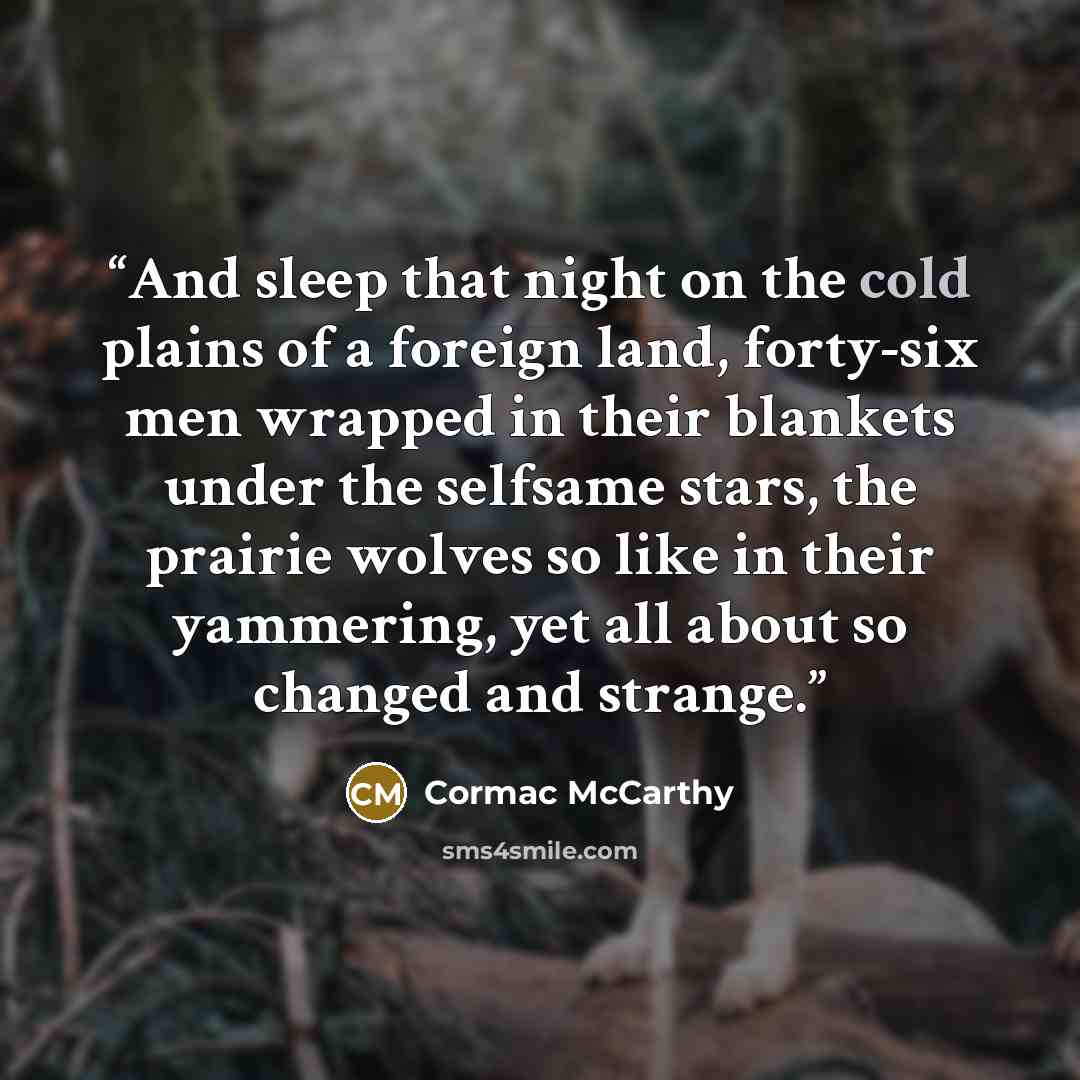 “And sleep that night on the cold plains of a foreign land, forty-six men wrapped in their blankets under the selfsame stars, the prairie wolves so like in their yammering, yet all about so changed and strange.” quote by Cormac McCarthy