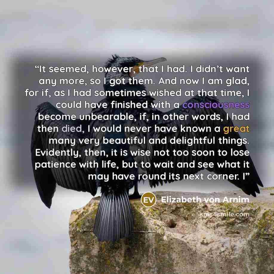 “It seemed, however, that I had. I didn’t want any more, so I got them. And now I am glad, for if, as I had sometimes wished at that time, I could have finished with a consciousness become unbearable, if, in other words, I had then died, I would never have known a great many very beautiful and…” quote by Elizabeth von Arnim