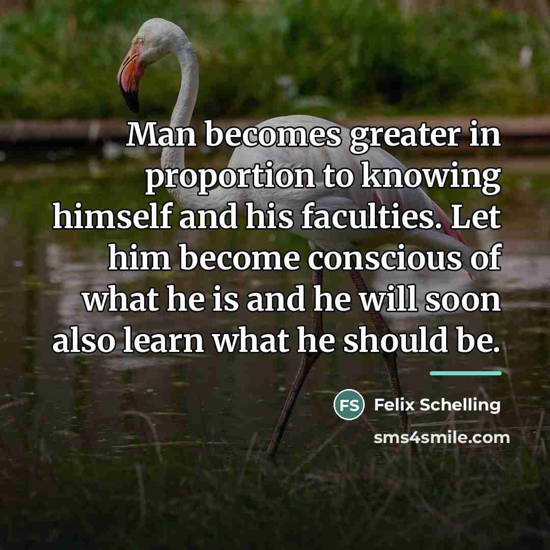 “Man becomes greater in proportion to knowing himself and his…” quote by Felix Schelling