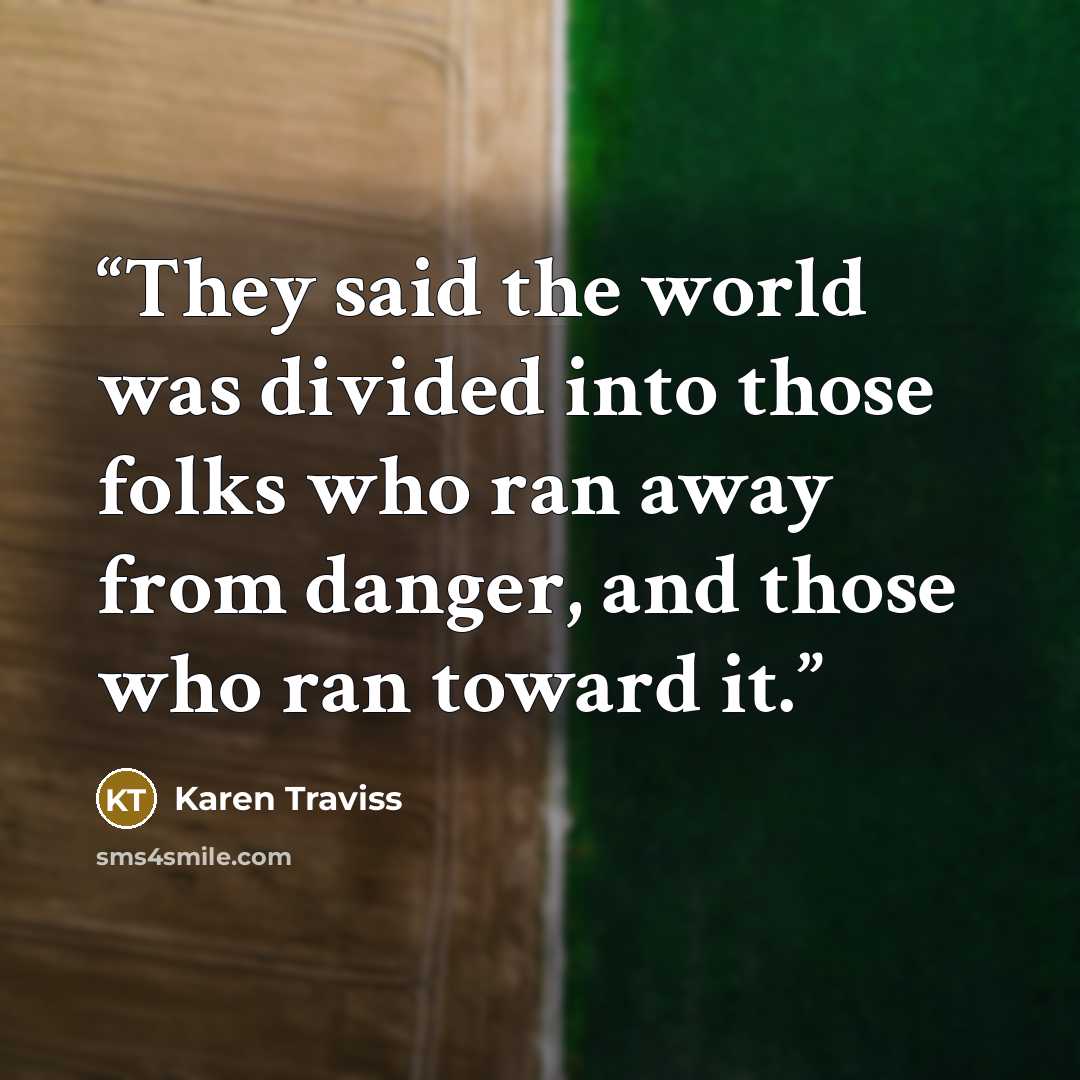 “They said the world was divided into those folks who ran away from danger, and those who ran toward it.” quote by Karen Traviss
