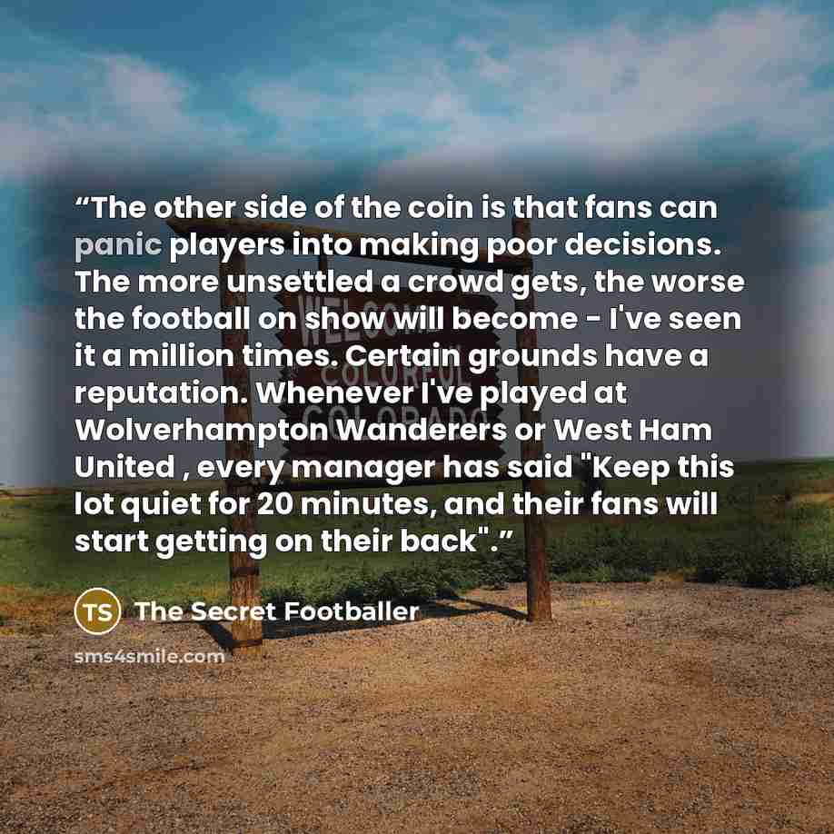 “The other side of the coin is that fans can panic players into making poor decisions. The more unsettled a crowd gets, the worse the football on show will become - I've seen it a million times. Certain grounds have a reputation. Whenever I've played at Wolverhampton Wanderers or West Ham United…” quote by The Secret Footballer