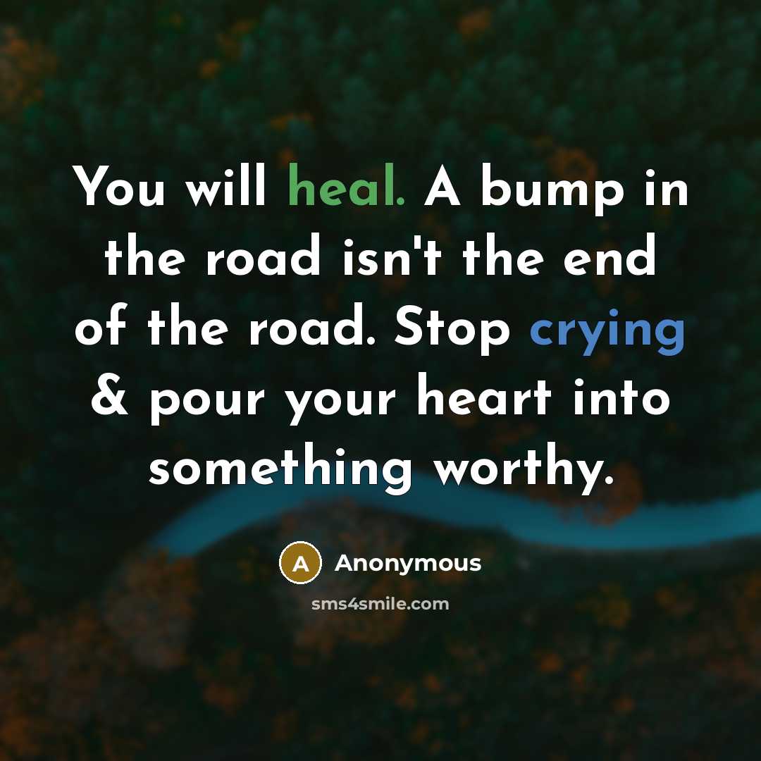 “You will heal. A bump in the road isn't the end of the road. Stop crying & pour your heart into something worthy.” quote by Anonymous