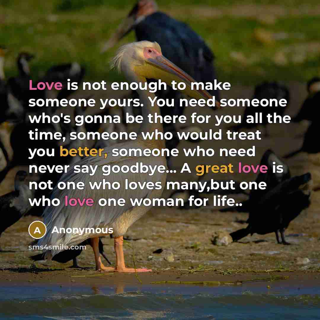“Love is not enough to make someone yours. You need someone who's gonna be there for you all the time, someone who would treat you better, someone who need never say goodbye... A great love is not one who loves many,but one who love one woman for life..” quote by Anonymous