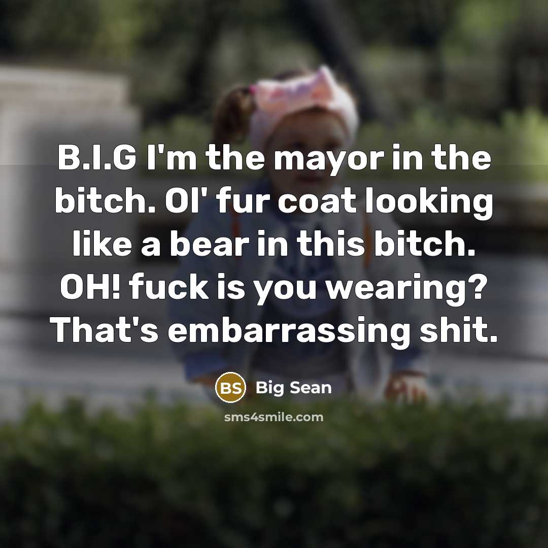“B.I.G I'm the mayor in the bitch. Ol' fur coat looking like a bear in this bitch. OH! fuck is you wearing? That's embarrassing shit.” quote by Big Sean