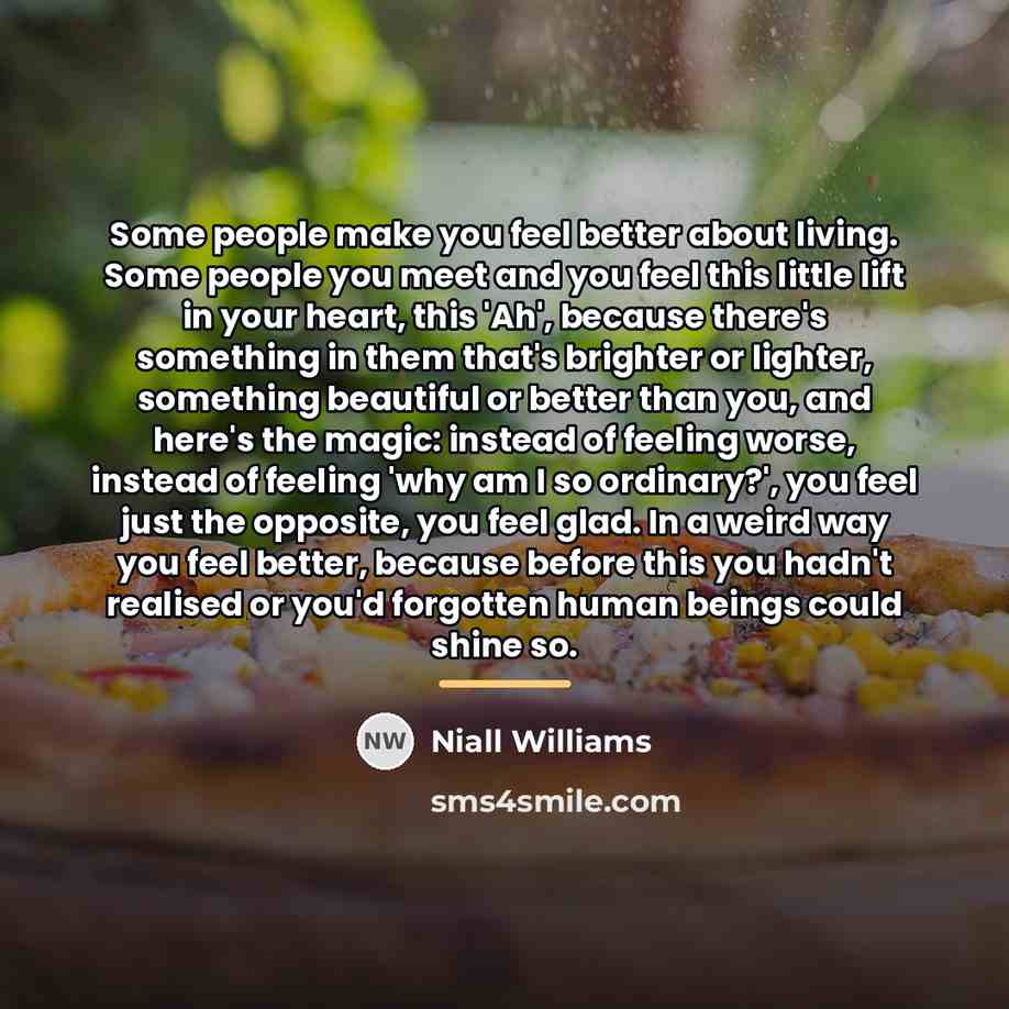 “Some people make you feel better about living. Some people…” quote by Niall Williams