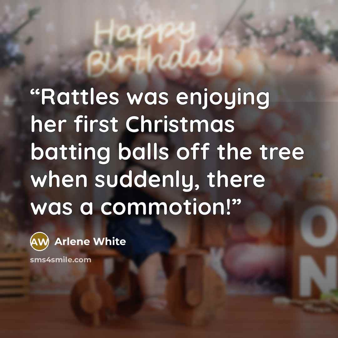 “Rattles was enjoying her first Christmas batting balls off the tree when suddenly, there was a commotion!” quote by Arlene White