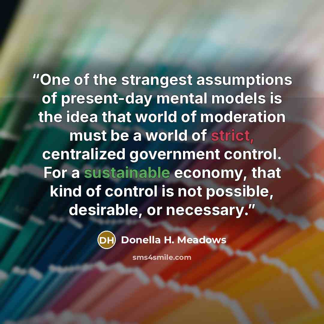 “One of the strangest assumptions of present-day mental models is the idea that world of moderation must be a world of strict, centralized government control. For a sustainable economy, that kind of control is not possible, desirable, or necessary.” quote by Donella H. Meadows