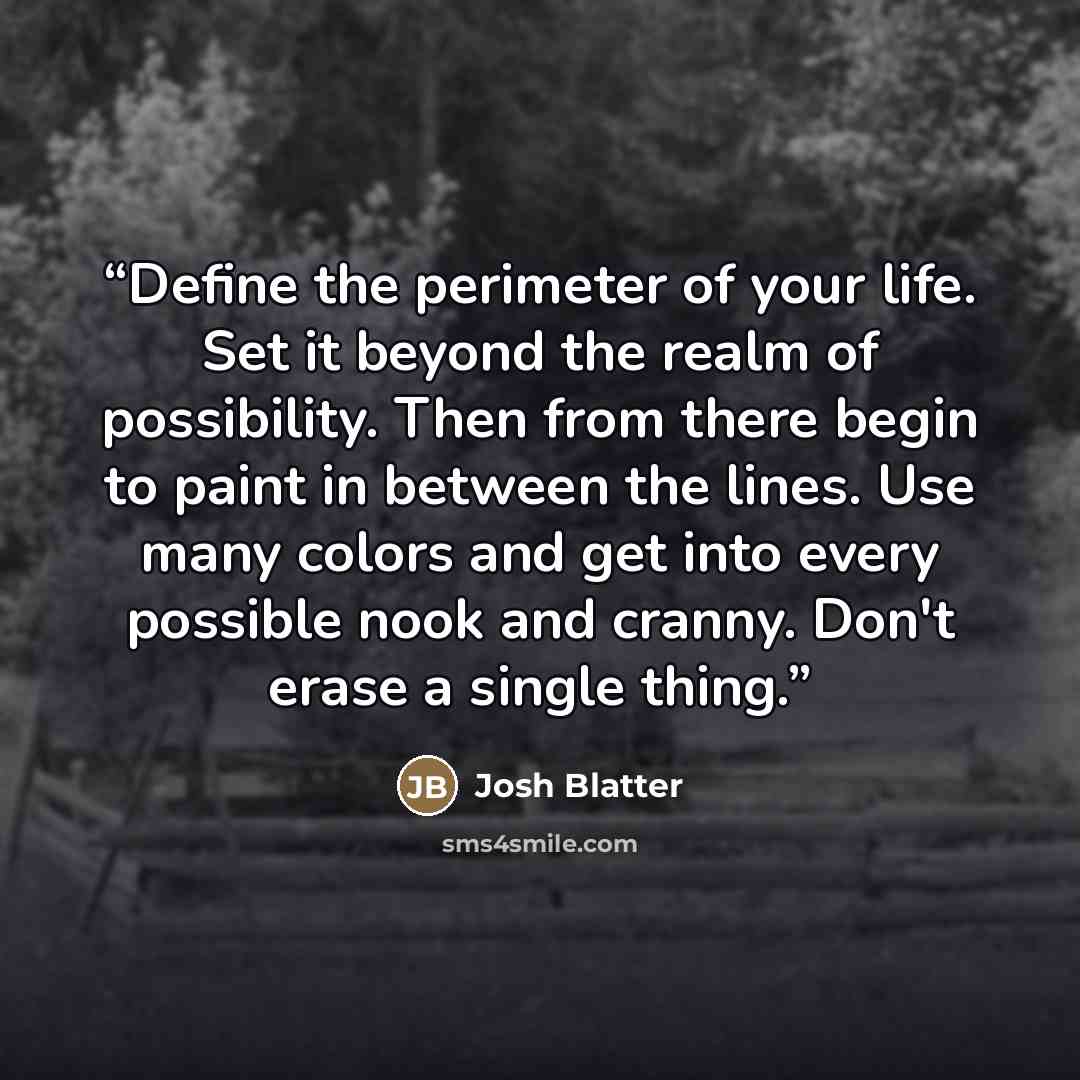 “Define the perimeter of your life. Set it beyond the realm of possibility. Then from there begin to paint in between the lines. Use many colors and get into every possible nook and cranny. Don't erase a single thing.” quote by Josh Blatter