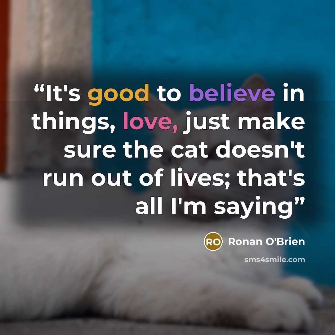 “It's good to believe in things, love, just make sure the cat doesn't run out of lives; that's all I'm saying” quote by Ronan O'Brien