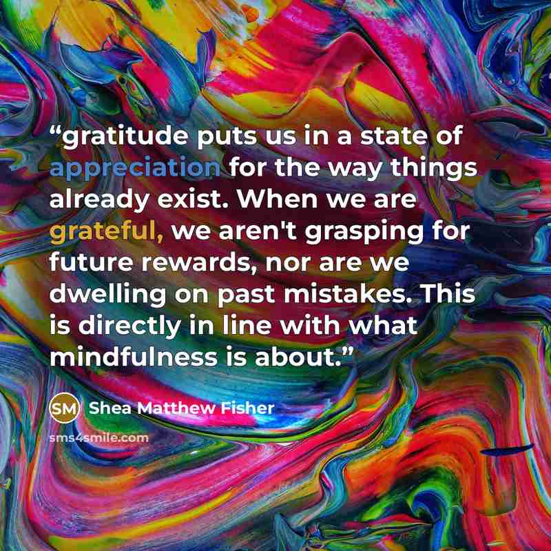 “gratitude puts us in a state of appreciation for the way things already exist. When we are grateful, we aren't grasping for future rewards, nor are we dwelling on past mistakes. This is directly in line with what mindfulness is about.” quote by Shea Matthew Fisher