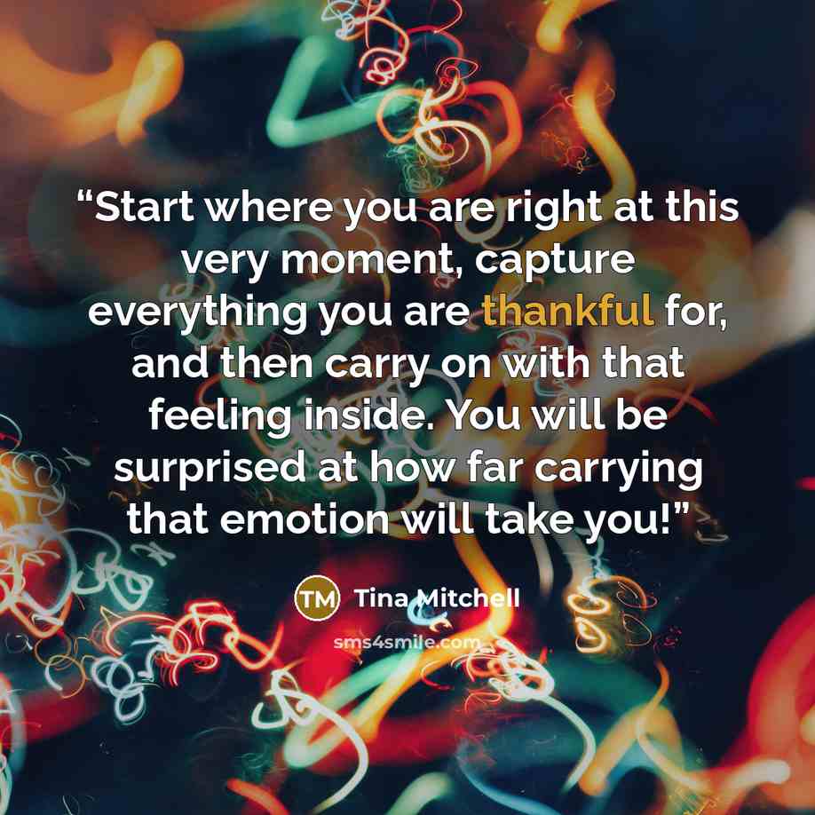 “Start where you are right at this very moment, capture everything you are thankful for, and then carry on with that feeling inside. You will be surprised at how far carrying that emotion will take you!” quote by Tina Mitchell