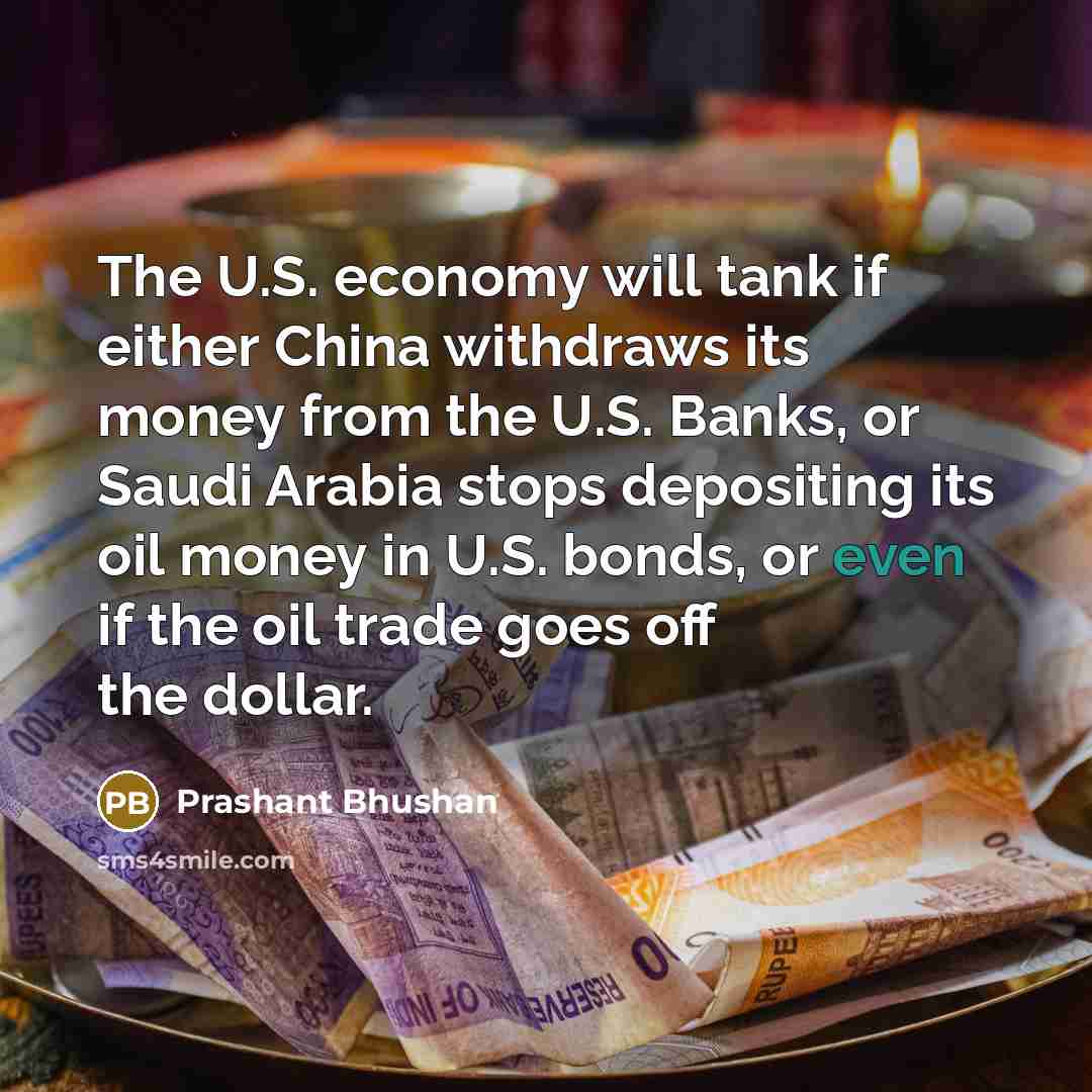 “The U.S. economy will tank if either China withdraws its…” quote by Prashant Bhushan