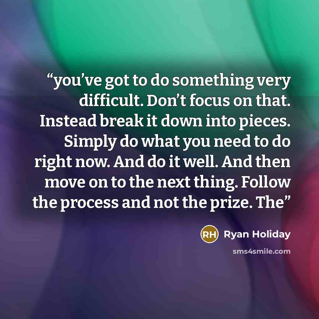 “you’ve got to do something very difficult. Don’t focus on that. Instead break it down into pieces. Simply do what you need to do right now. And do it well. And then move on to the next thing. Follow the process and not the prize. The” quote by Ryan Holiday