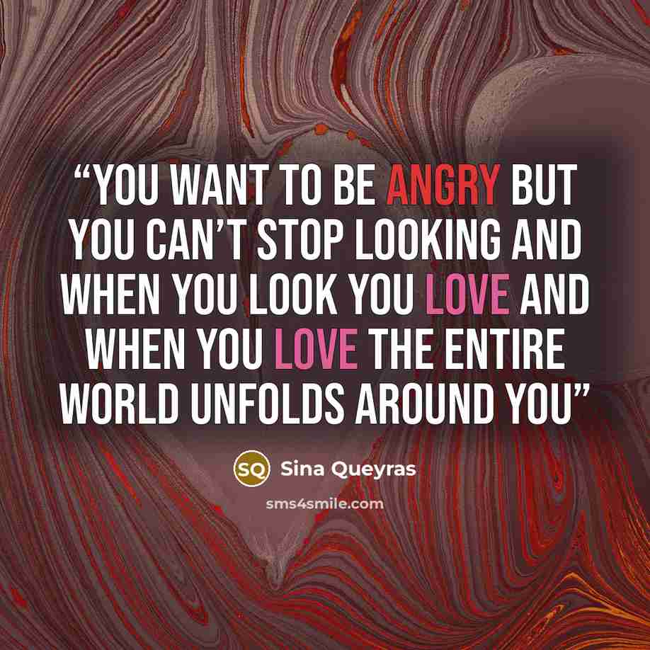 “you want to be angry but you can’t stop looking and when you look you love and when you love the entire world unfolds around you” quote by Sina Queyras