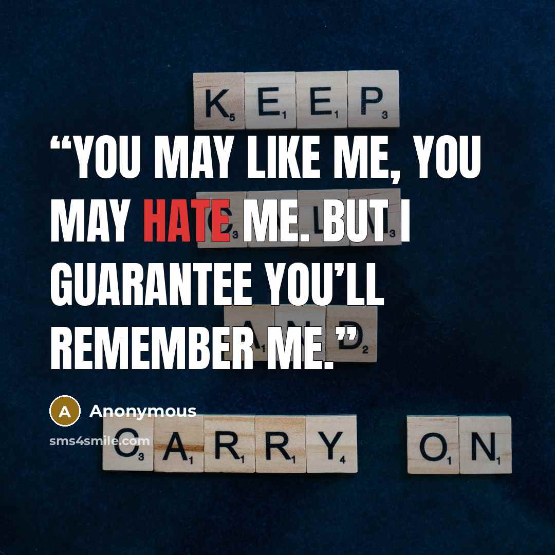 “You may like me, you may hate me. But I guarantee you’ll remember me.” quote by Anonymous