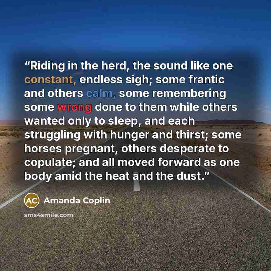 “Riding in the herd, the sound like one constant, endless sigh; some frantic and others calm, some remembering some wrong done to them while others wanted only to sleep, and each struggling with hunger and thirst; some horses pregnant, others desperate to copulate; and all moved forward as one body…” quote by Amanda Coplin