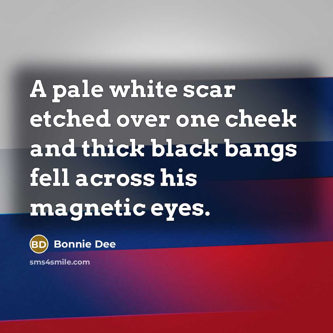 “A pale white scar etched over one cheek and thick black bangs fell across his magnetic eyes.” quote by Bonnie Dee