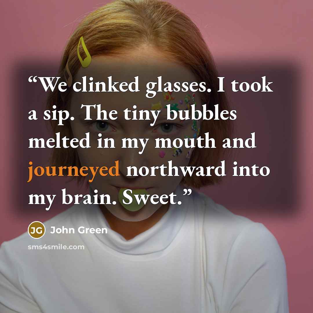 “We clinked glasses. I took a sip. The tiny bubbles melted in my mouth and journeyed northward into my brain. Sweet.” quote by John Green