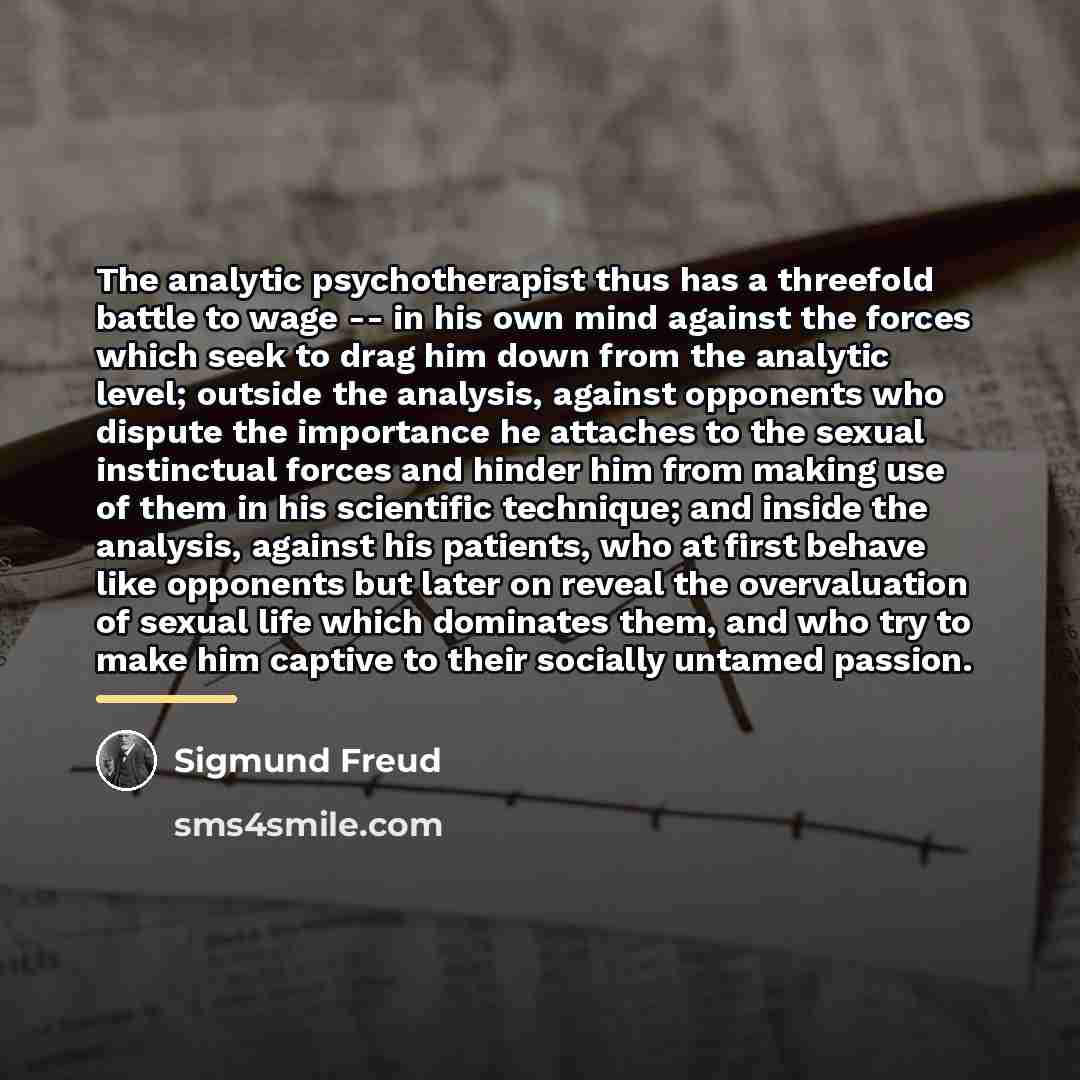 “The analytic psychotherapist thus has a threefold battle to wage…” quote by Sigmund Freud