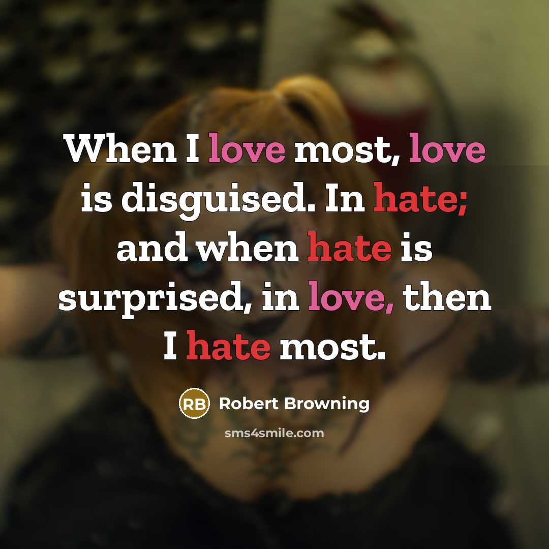 “When I love most, love is disguised. In hate; and…” quote by Robert Browning