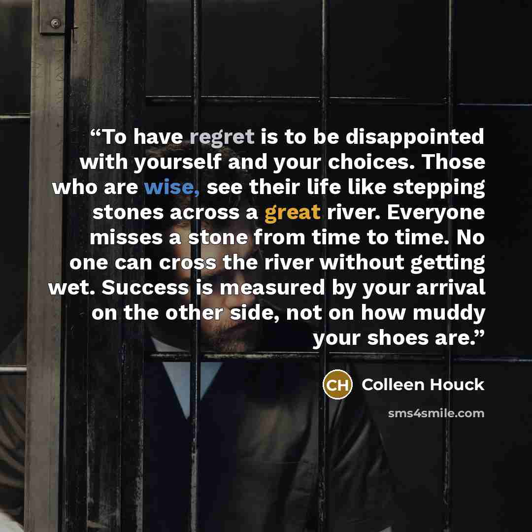“To have regret is to be disappointed with yourself and your choices. Those who are wise, see their life like stepping stones across a great river. Everyone misses a stone from time to time. No one can cross the river without getting wet. Success is measured by your arrival on the other side, not…” quote by Colleen Houck