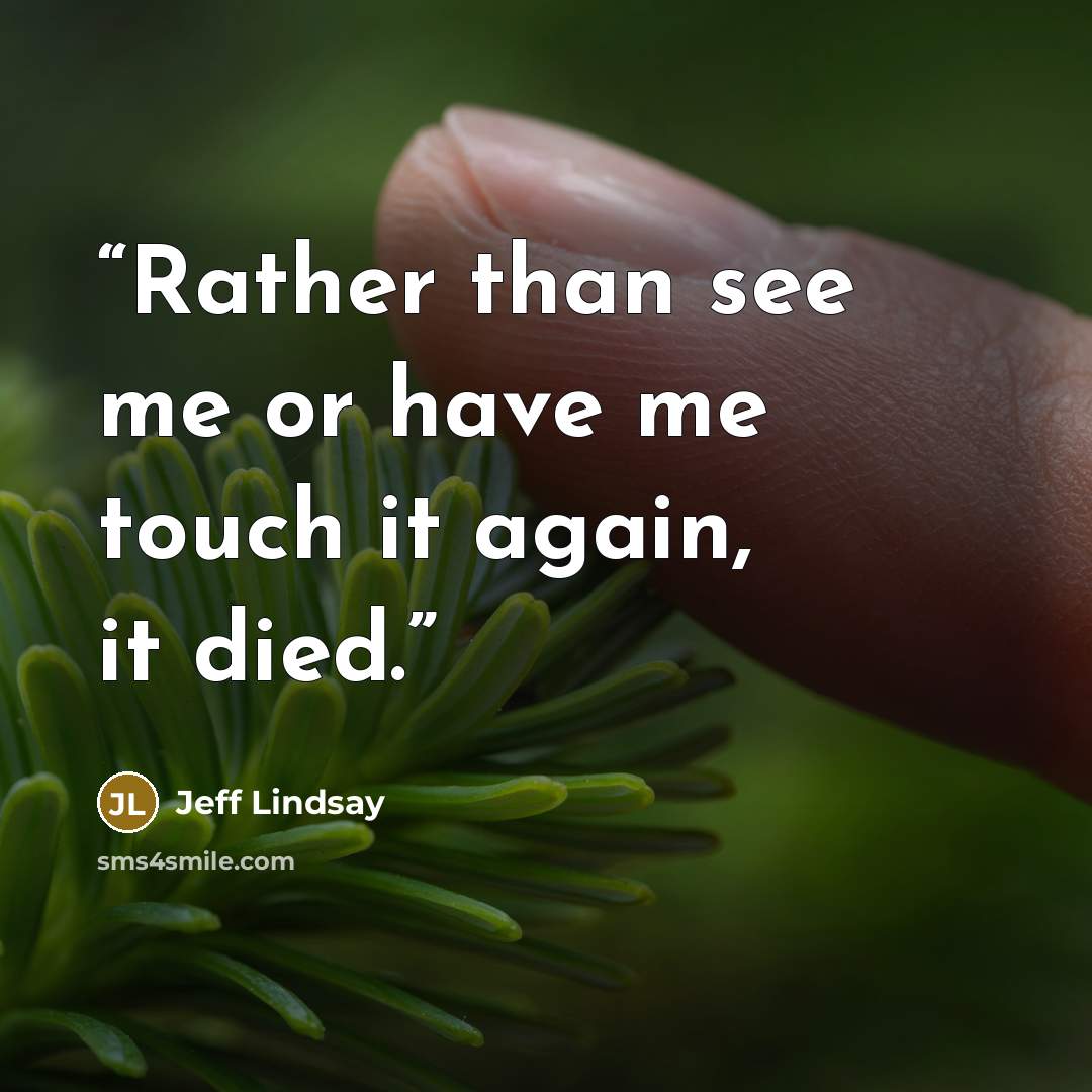 “Rather than see me or have me touch it again, it died.” quote by Jeff Lindsay