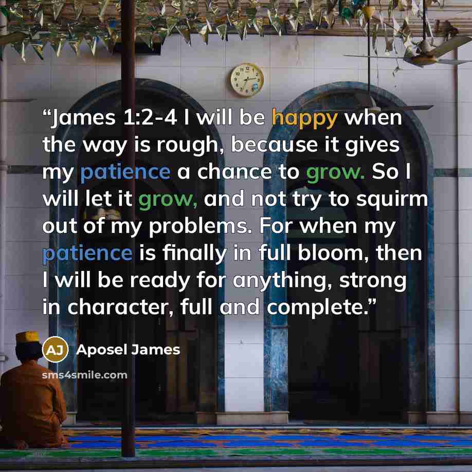 “James 1:2-4 I will be happy when the way is rough, because it gives my patience a chance to grow. So I will let it grow, and not try to squirm out of my problems. For when my patience is finally in full bloom, then I will be ready for anything, strong in character, full and complete.” quote by Aposel James