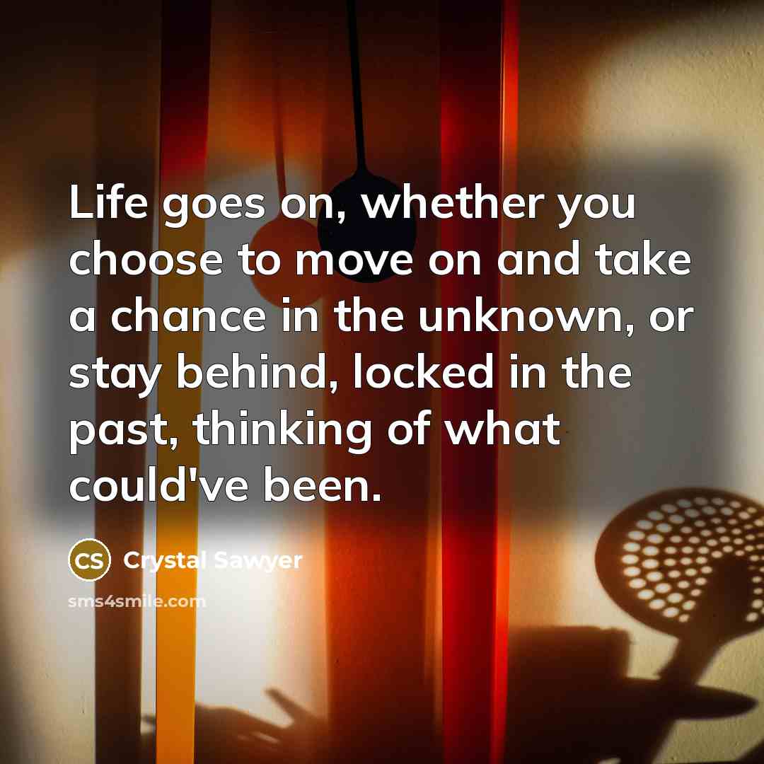 “Life goes on, whether you choose to move on and take a chance in the unknown, or stay behind, locked in the past, thinking of what could've been.” quote by Crystal Sawyer