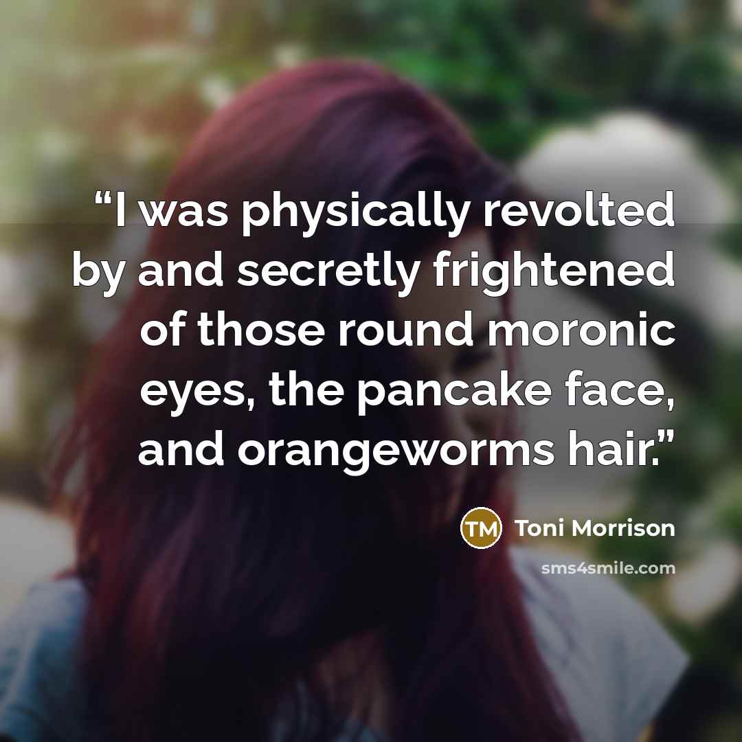 “I was physically revolted by and secretly frightened of those round moronic eyes, the pancake face, and orangeworms hair.” quote by Toni Morrison