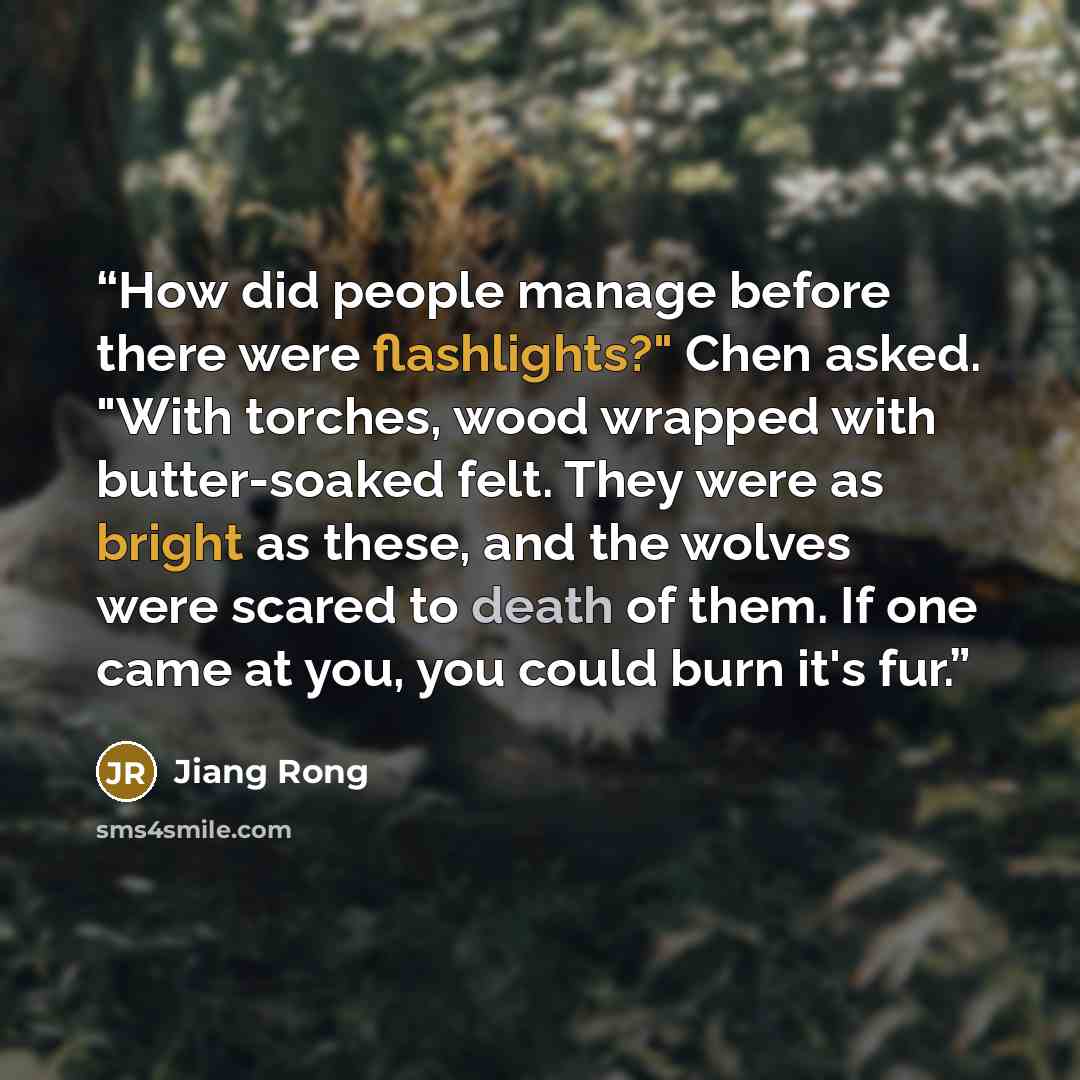 “How did people manage before there were flashlights?" Chen asked. "With torches, wood wrapped with butter-soaked felt. They were as bright as these, and the wolves were scared to death of them. If one came at you, you could burn it's fur.” quote by Jiang Rong