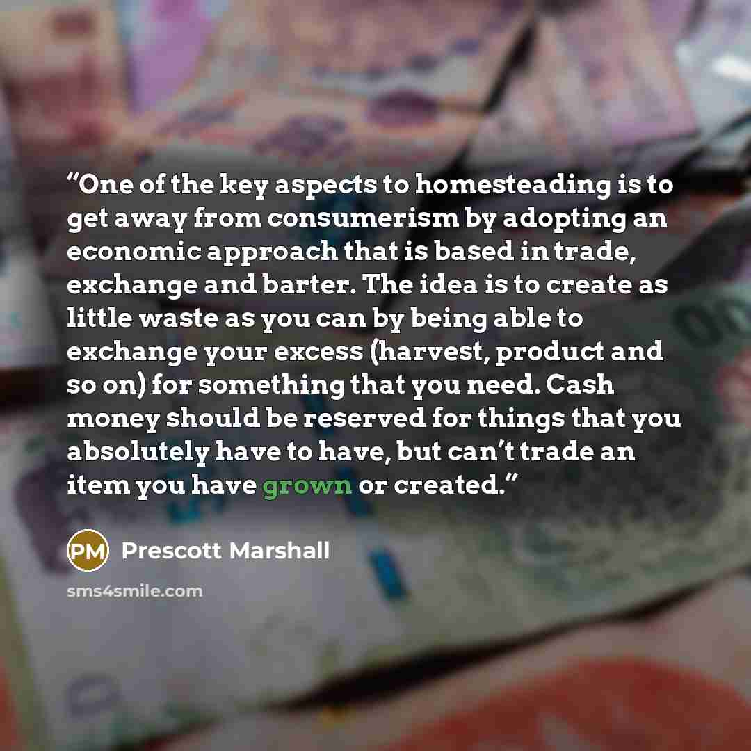 “One of the key aspects to homesteading is to get away from consumerism by adopting an economic approach that is based in trade, exchange and barter. The idea is to create as little waste as you can by being able to exchange your excess (harvest, product and so on) for something that you need. Cash…” quote by Prescott Marshall