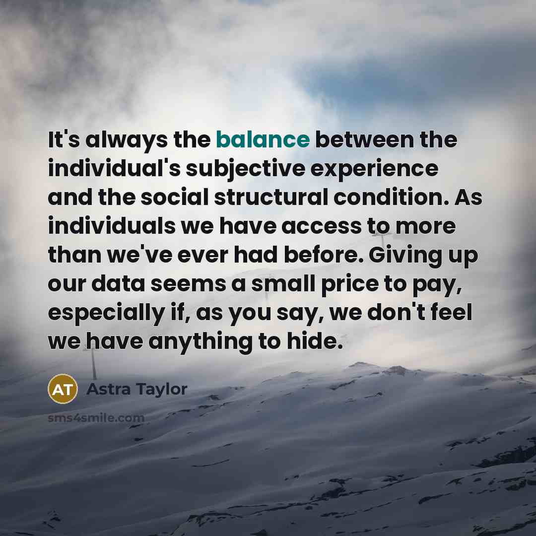 “It's always the balance between the individual's subjective experience and…” quote by Astra Taylor