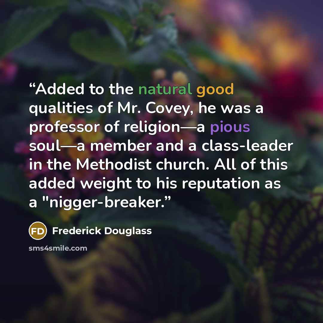 “Added to the natural good qualities of Mr. Covey, he was a professor of religion—a pious soul—a member and a class-leader in the Methodist church. All of this added weight to his reputation as a "nigger-breaker.” quote by Frederick Douglass
