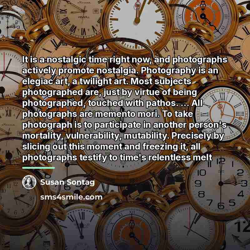 “It is a nostalgic time right now, and photographs actively…” quote by Susan Sontag