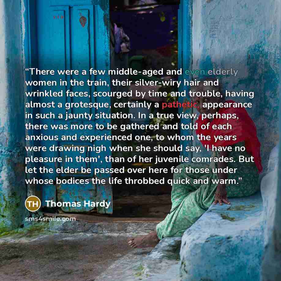 “There were a few middle-aged and even elderly women in the train, their silver-wiry hair and wrinkled faces, scourged by time and trouble, having almost a grotesque, certainly a pathetic, appearance in such a jaunty situation. In a true view, perhaps, there was more to be gathered and told of each…” quote by Thomas Hardy
