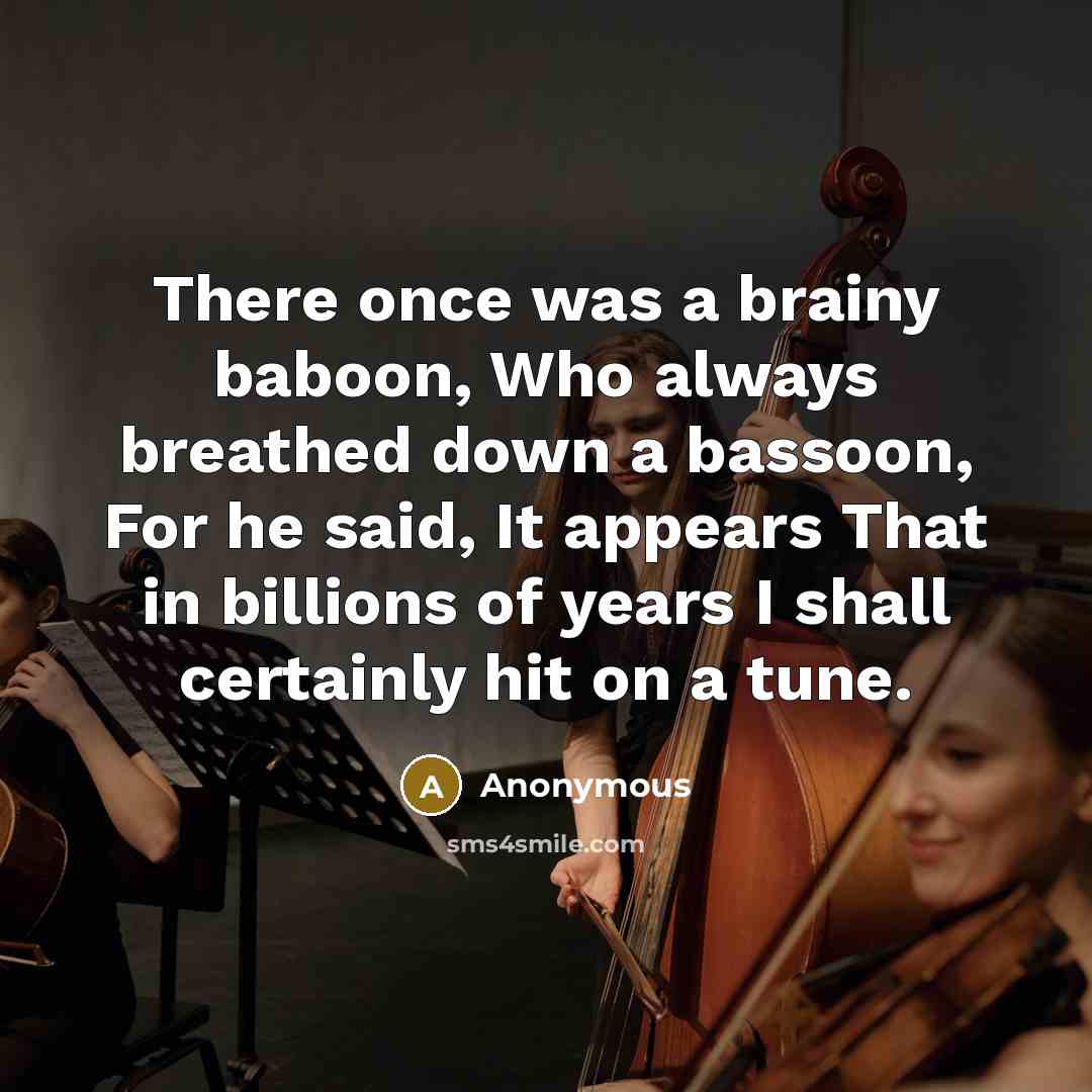 “There once was a brainy baboon, Who always breathed down a bassoon, For he said, It appears That in billions of years I shall certainly hit on a tune.” quote by Anonymous