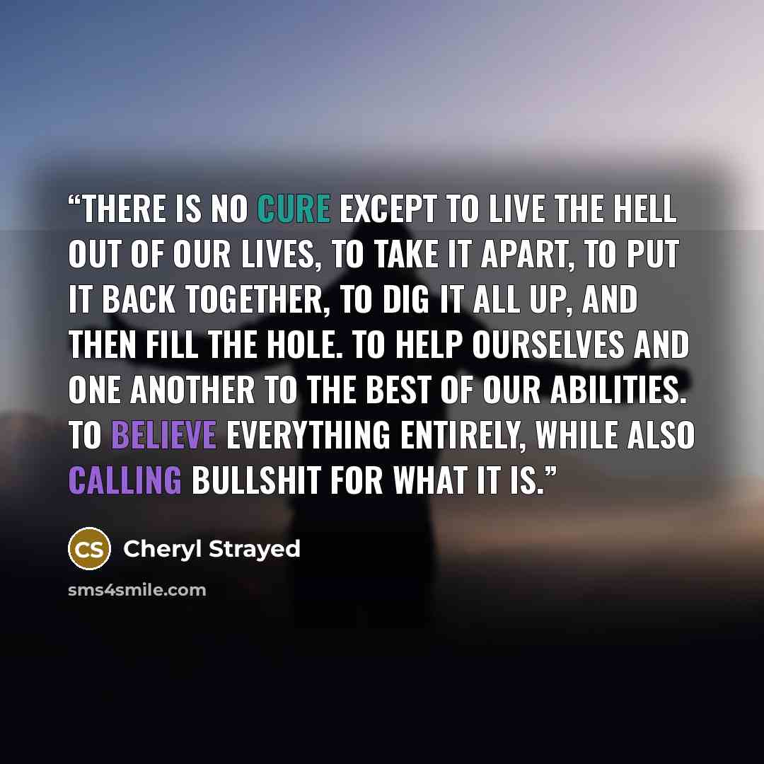 “There is no cure except to live the hell out of our lives, to take it apart, to put it back together, to dig it all up, and then fill the hole. To help ourselves and one another to the best of our abilities. To believe everything entirely, while also calling bullshit for what it is.” quote by Cheryl Strayed