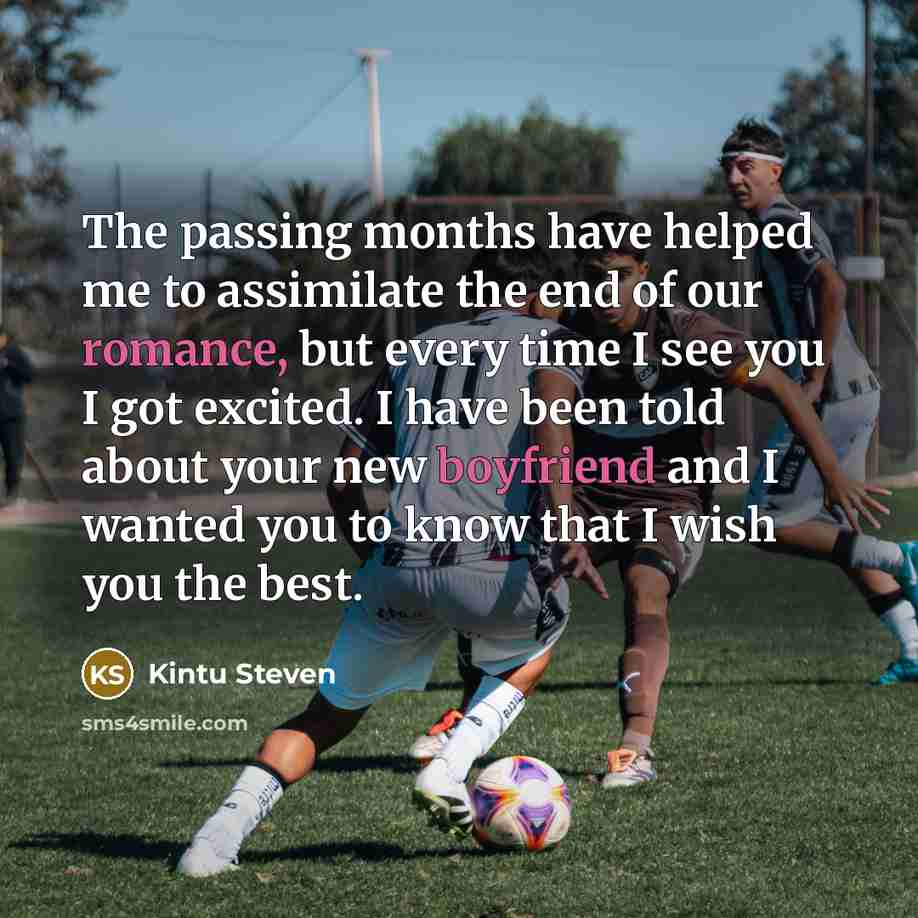 “The passing months have helped me to assimilate the end of our romance, but every time I see you I got excited. I have been told about your new boyfriend and I wanted you to know that I wish you the best.” quote by Kintu Steven