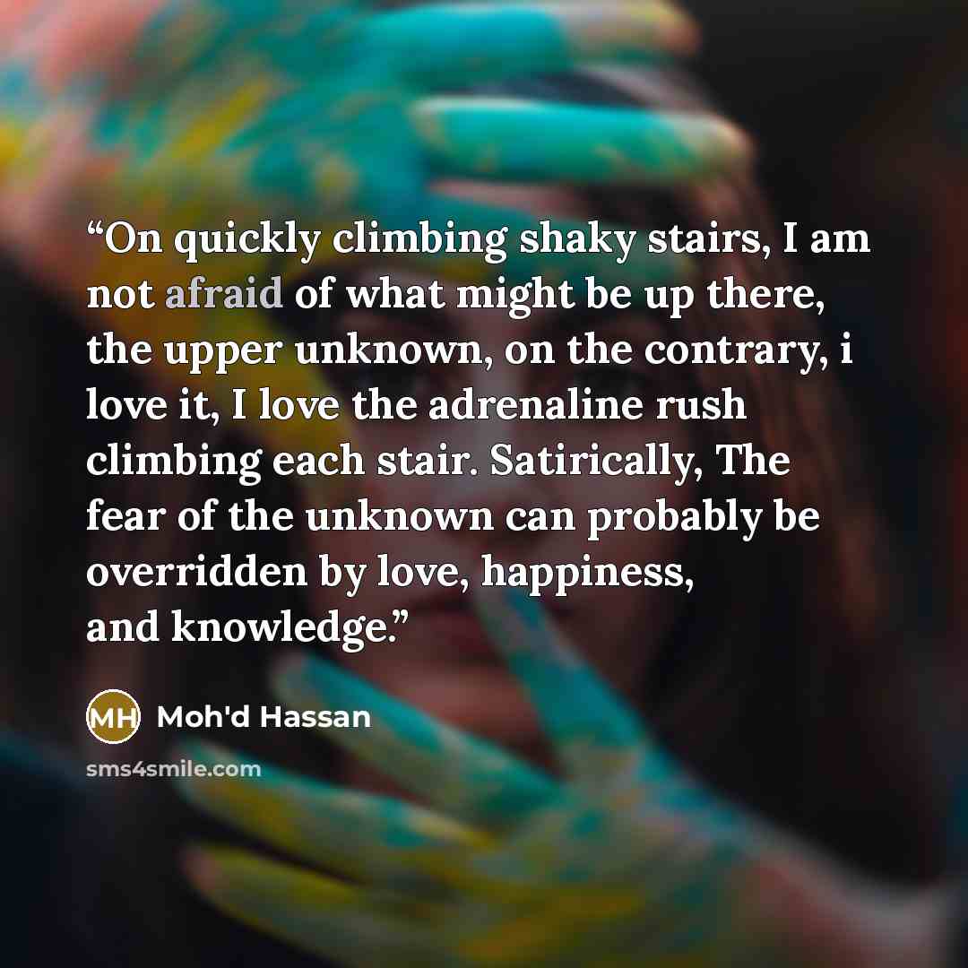 “On quickly climbing shaky stairs, I am not afraid of what might be up there, the upper unknown, on the contrary, i love it, I love the adrenaline rush climbing each stair. Satirically, The fear of the unknown can probably be overridden by love, happiness, and knowledge.” quote by Moh'd Hassan