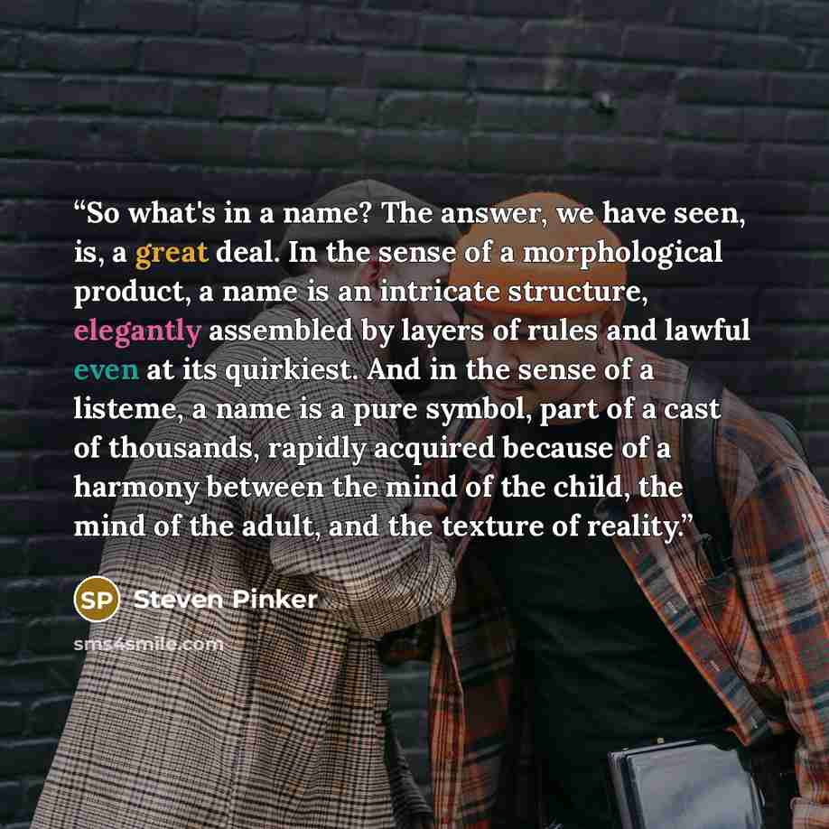 “So what's in a name? The answer, we have seen, is, a great deal. In the sense of a morphological product, a name is an intricate structure, elegantly assembled by layers of rules and lawful even at its quirkiest. And in the sense of a listeme, a name is a pure symbol, part of a cast of thousands…” quote by Steven Pinker