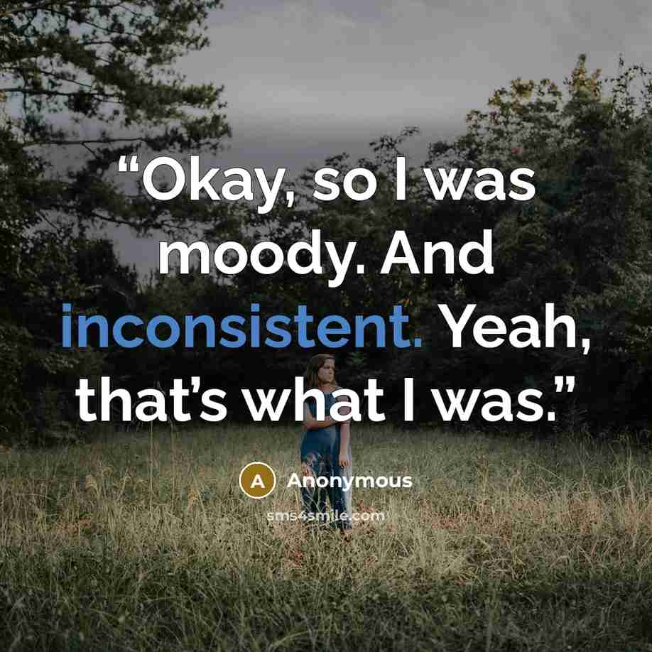“Okay, so I was moody. And inconsistent. Yeah, that’s what I was.” quote by Anonymous