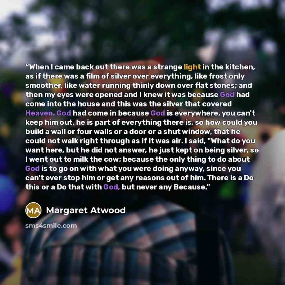 “When I came back out there was a strange light in the kitchen, as if there was a film of silver over everything, like frost only smoother, like water running thinly down over flat stones; and then my eyes were opened and I knew it was because God had come into the house and this was the silver…” quote by Margaret Atwood