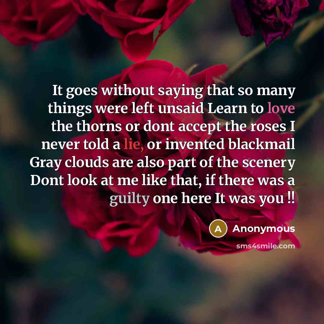 “It goes without saying that so many things were left unsaid Learn to love the thorns or dont accept the roses I never told a lie, or invented blackmail Gray clouds are also part of the scenery Dont look at me like that, if there was a guilty one here It was you !!” quote by Anonymous
