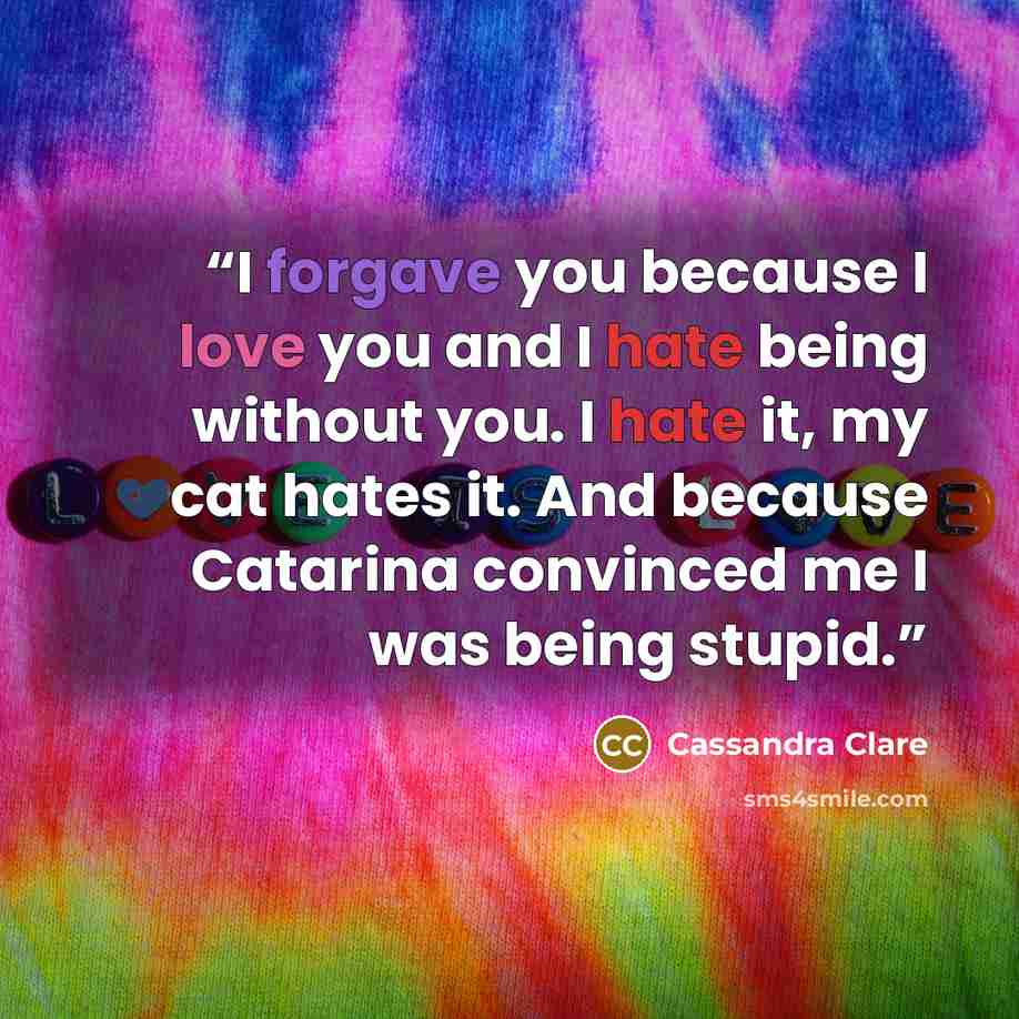 “I forgave you because I love you and I hate being without you. I hate it, my cat hates it. And because Catarina convinced me I was being stupid.” quote by Cassandra Clare