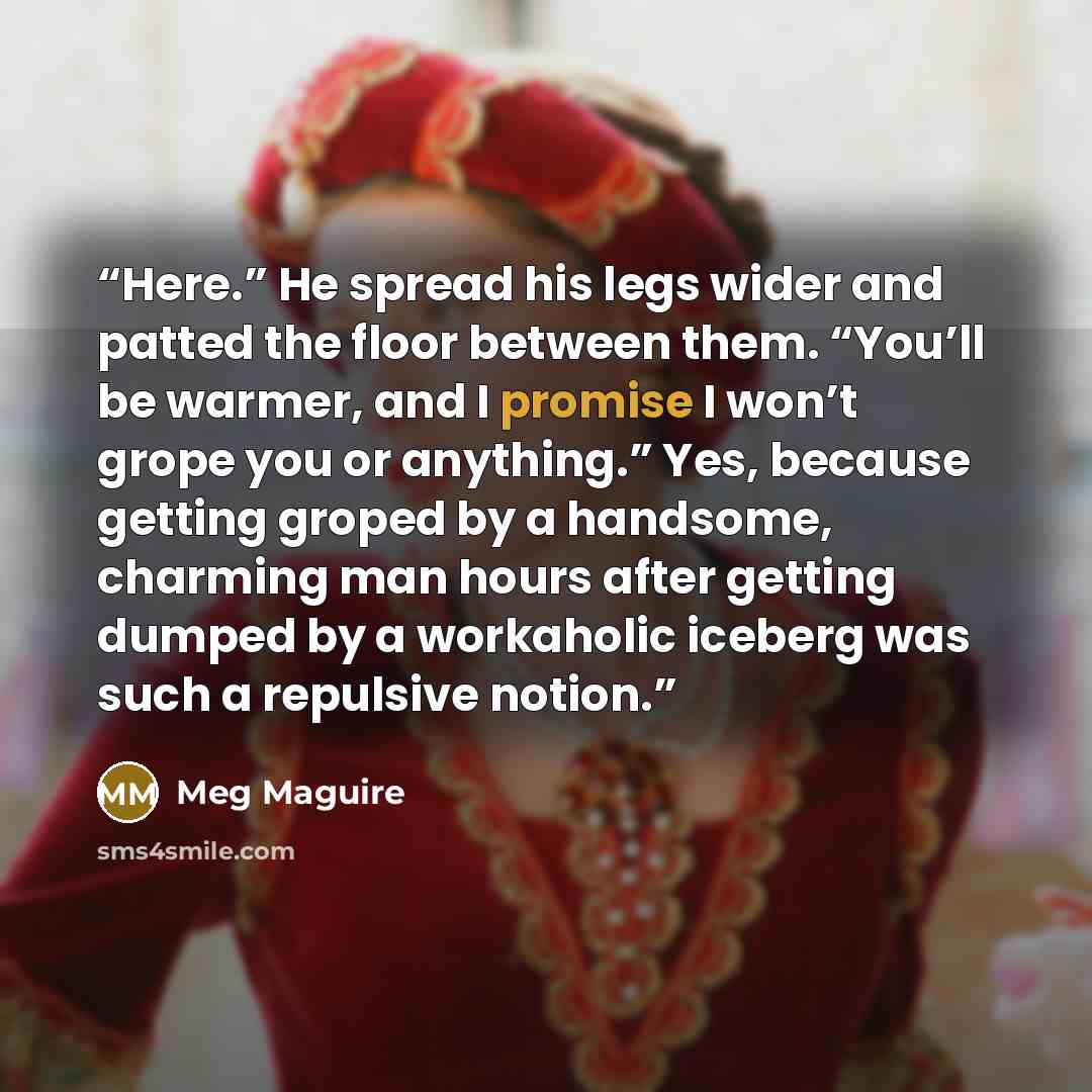 “Here.” He spread his legs wider and patted the floor between them. “You’ll be warmer, and I promise I won’t grope you or anything.” Yes, because getting groped by a handsome, charming man hours after getting dumped by a workaholic iceberg was such a repulsive notion.” quote by Meg Maguire