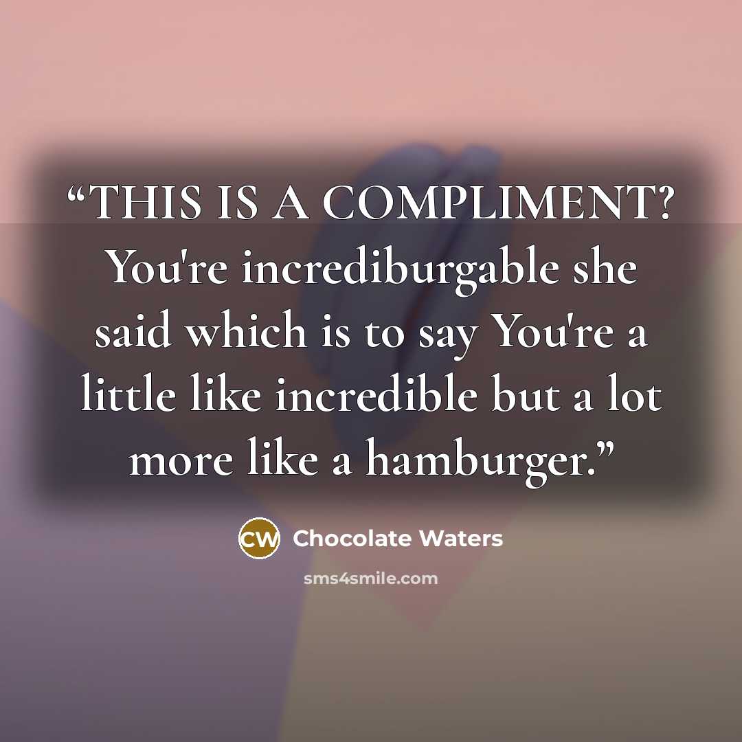 “THIS IS A COMPLIMENT? You're incrediburgable she said which is to say You're a little like incredible but a lot more like a hamburger.” quote by Chocolate Waters