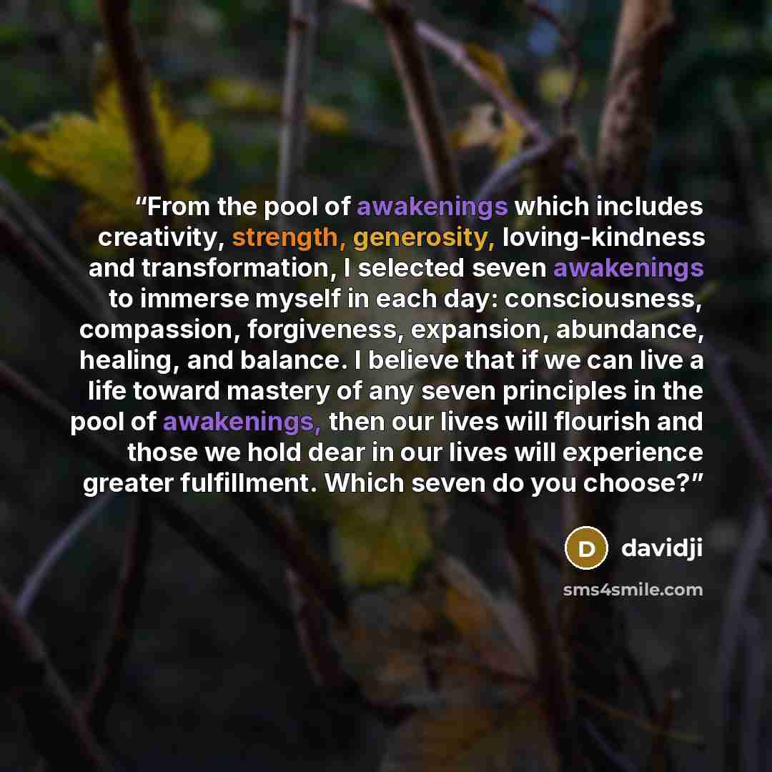“From the pool of awakenings which includes creativity, strength, generosity, loving-kindness and transformation, I selected seven awakenings to immerse myself in each day: consciousness, compassion, forgiveness, expansion, abundance, healing, and balance. I believe that if we can live a life…” quote by davidji