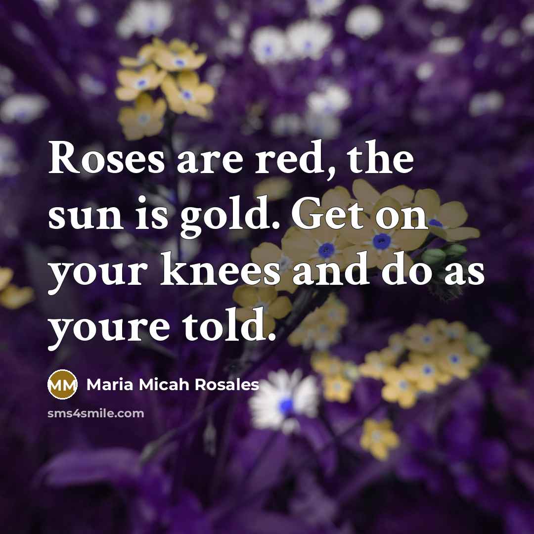 “Roses are red, the sun is gold. Get on your…” quote by Maria Micah Rosales
