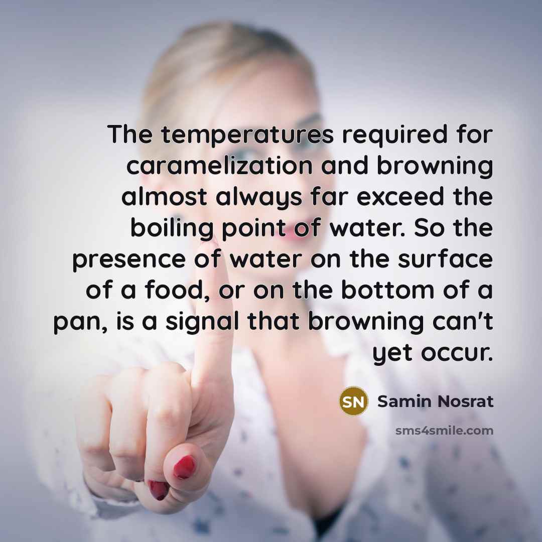 “The temperatures required for caramelization and browning almost always far…” quote by Samin Nosrat